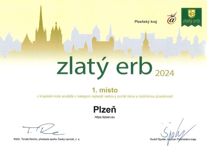 Diplom za 1. místo v soutěži Zlatý erb v Plzeňském kraji 240404_Zlaty_erb_2024
