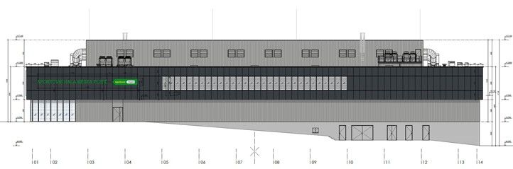 Architektonicko stavební řešení - pohled západní (zdroj: Odbor správy infrastruktury Magistrátu města Plzně) 260130_Hala_Talent_Arch_Stav_reseni_Zapadni_pohled