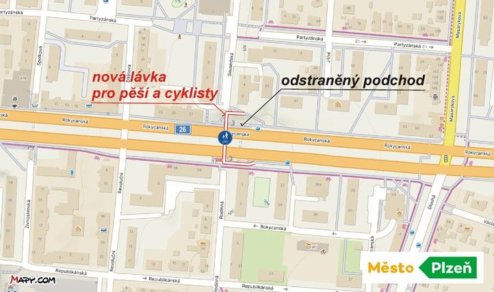 Zákres nové lávky v mapě 260206_Mapa_Lavka_Rokycanska